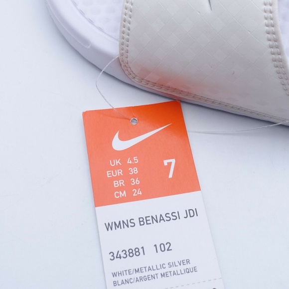 NEW Nike Benassi JDI Swoosh Slide Sandals 343881-102 White/Silver - Picture 7 of 8